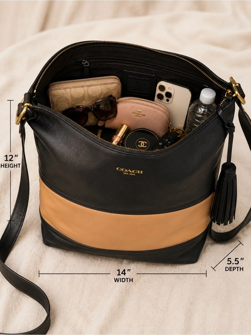 Coach Legacy Leather Colorblock Tassel Shoulder Crossbody Bag Black Tan Large